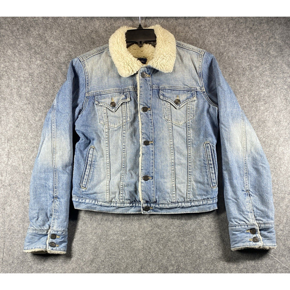Earl Jean Denim Sherpa Trucker Jacket Mens Medium Blue Fleece Lined Vintage USA - Picture 1 of 13